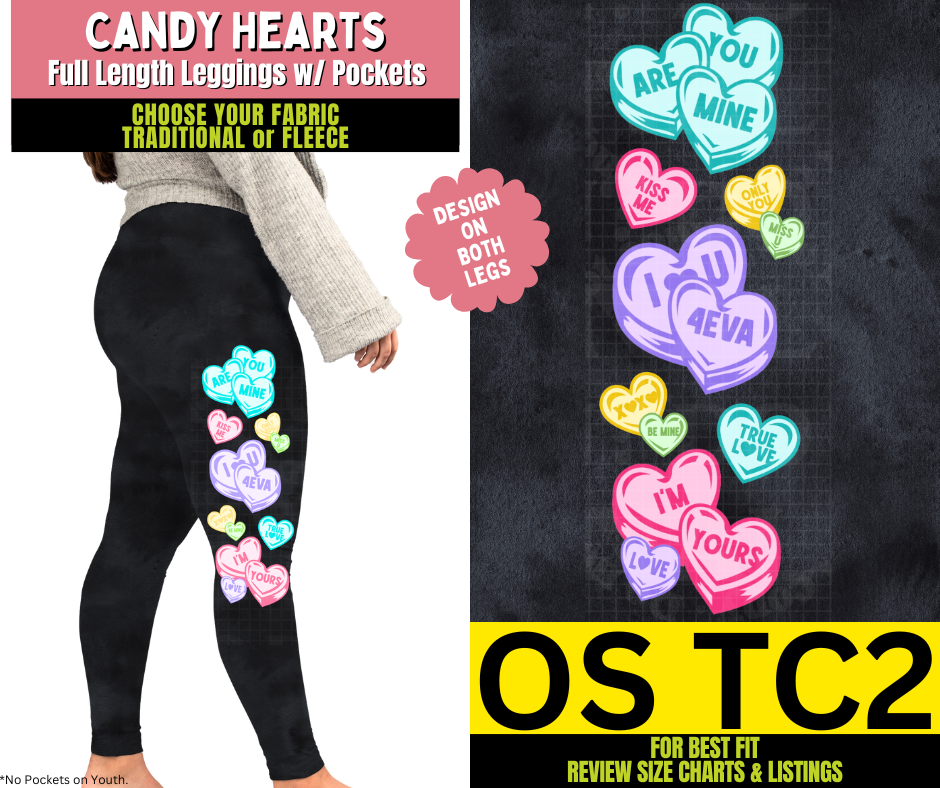 Candy Hearts Watercolor Leggings w/ Side Leg Designs Choose Fleece or Traditional