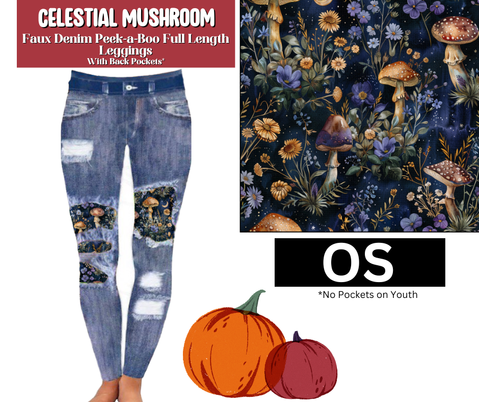 Celestial Mushroom Faux Denim Full Length Peekaboo Leggings