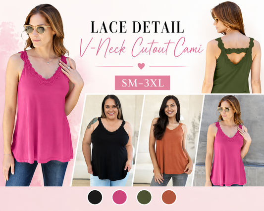 Lace Detail V-Neck Cutout Cami SM-3XL - Alonna's Legging Land