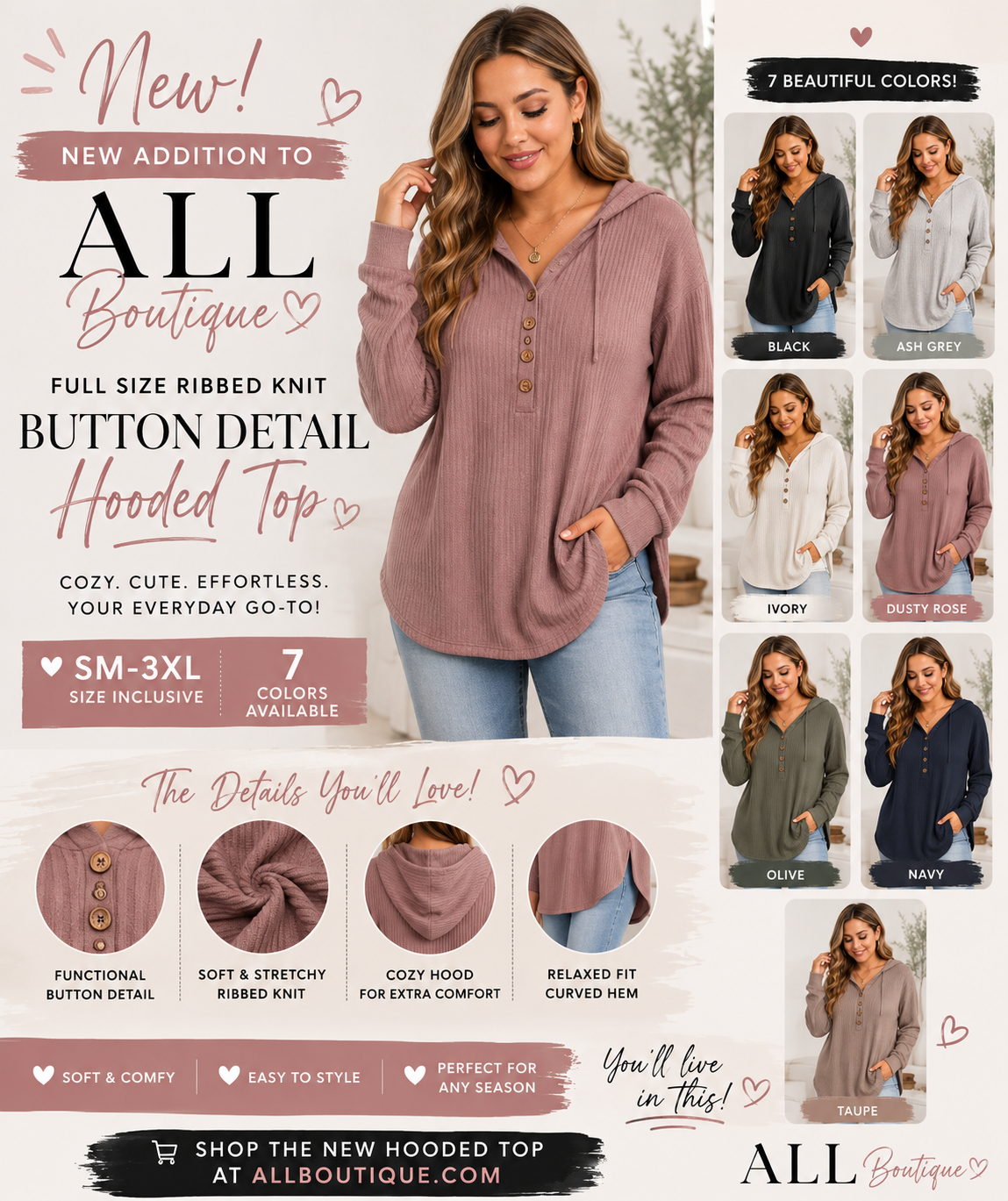 Ribbed Knit Button Detail Hooded Top