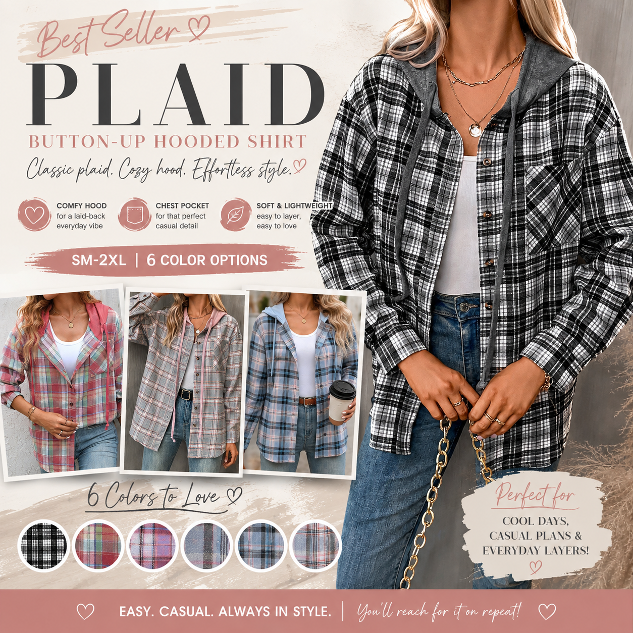 Plaid Button-Up Hooded Shirt with Chest Pocket