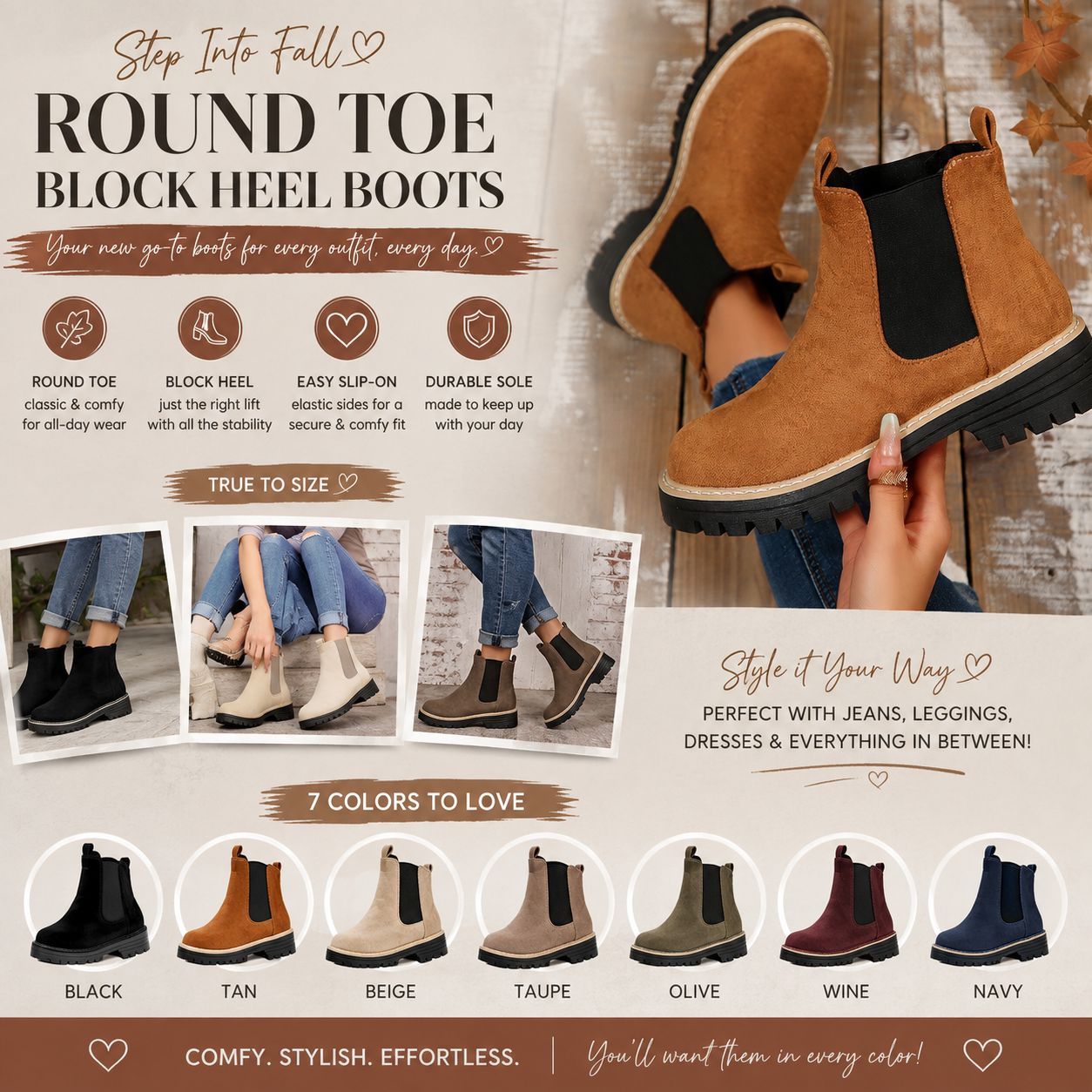 Round Toe Block Heels Boots
