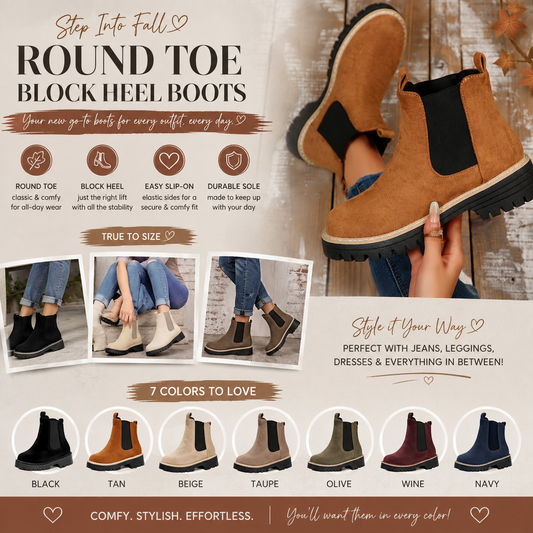 Round Toe Block Heels Boots