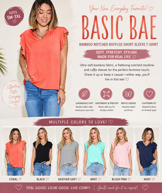 Basic Bae Bamboo Notched Ruffled Short Sleeve T-Shirt