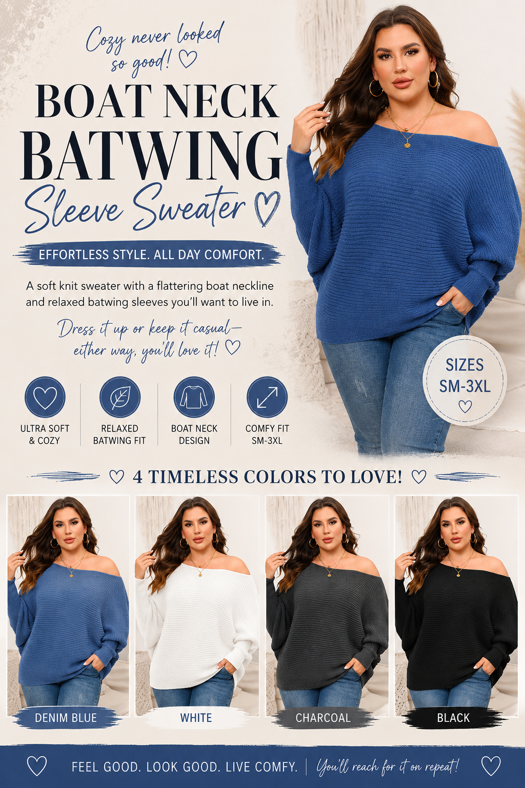 Boat Neck Batwing Sleeve Sweater SM-3XL - Alonna's Legging Land