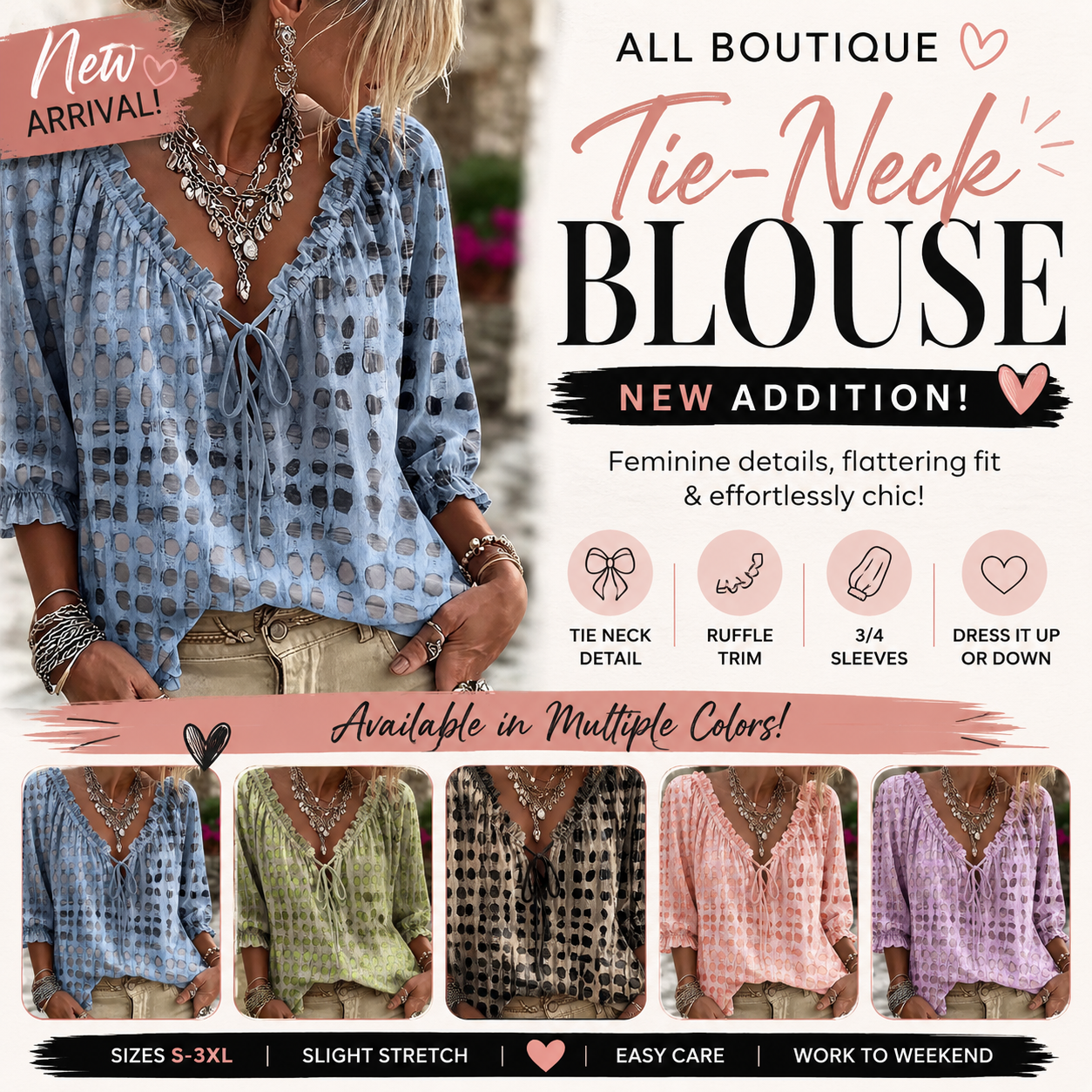 Tie Neck 3/4 Sleeve Blouse SM-3XL