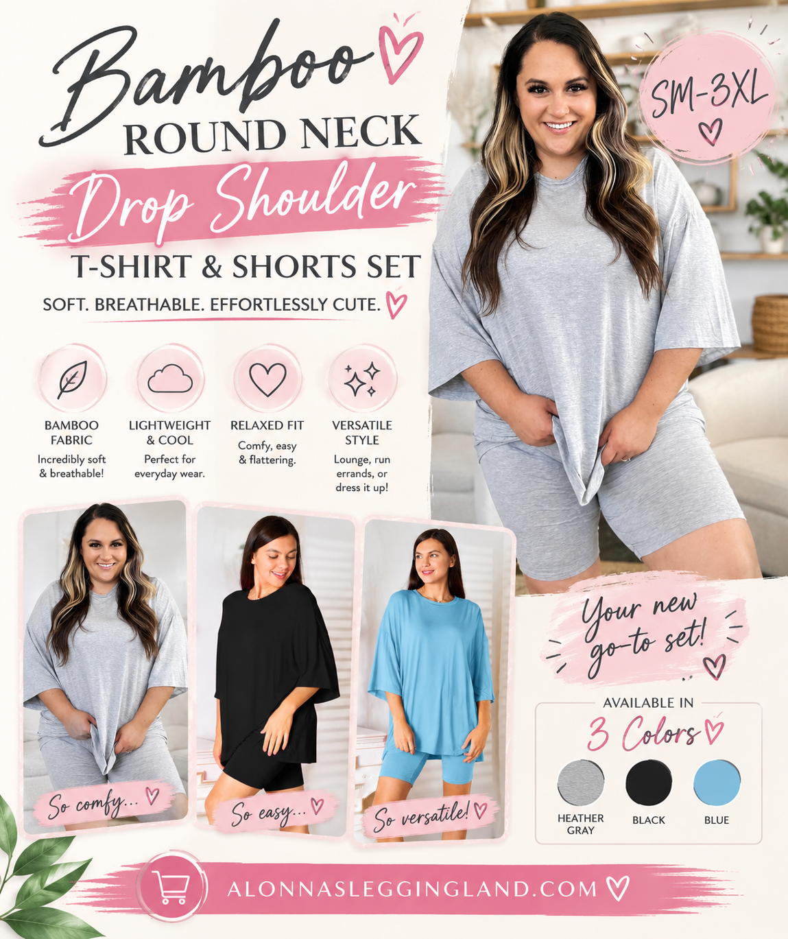 Bamboo Round Neck Drop Shoulder T-Shirt and Shorts Set