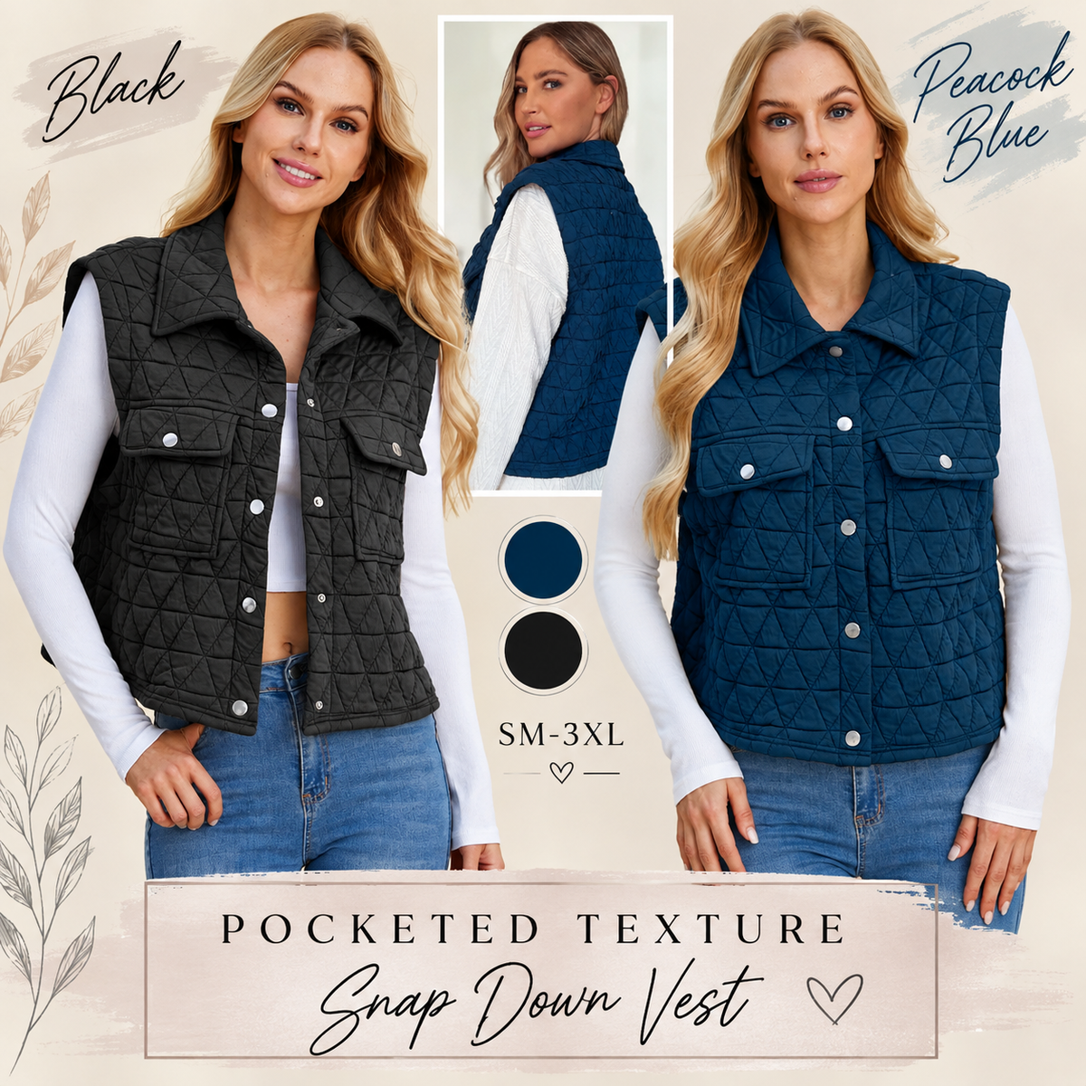 Pocketed Texture Snap Down Vest - Alonna's Legging Land