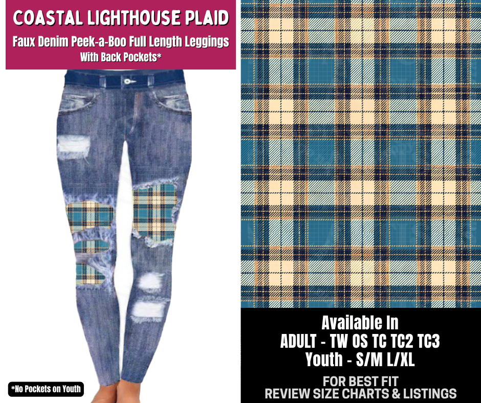Preorder! Closes 8/6. ETA Nov. Coastal Lighthouse Plaid Full Length Faux Denim Peekaboo