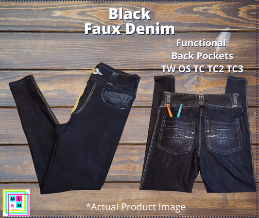 Solid Black Faux Denim Full Length w/ Pockets - Alonna's Legging Land