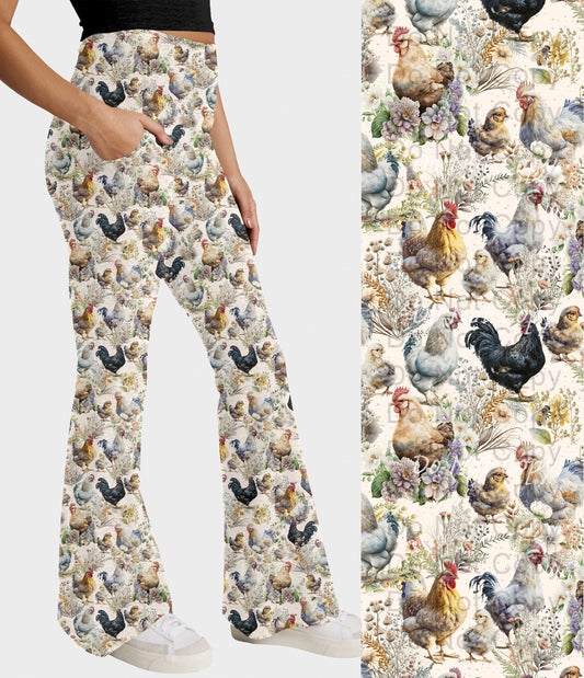 RTS - Cottage Chickens Flare Leggings w/ Pockets