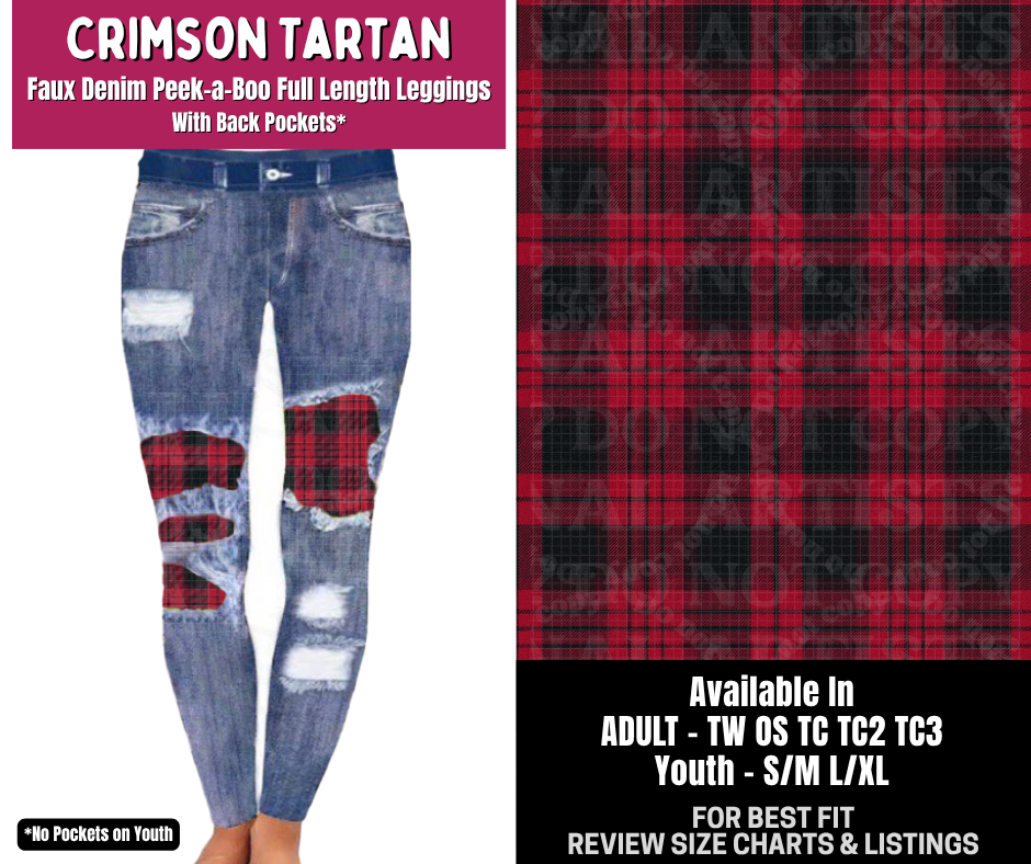 Preorder! Closes 8/6. ETA Nov. Crimson Tartan Full Length Faux Denim Peekaboo