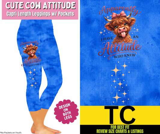 Cute Cow Attitude Watercolor Capri Leggings w/ Side Leg Designs