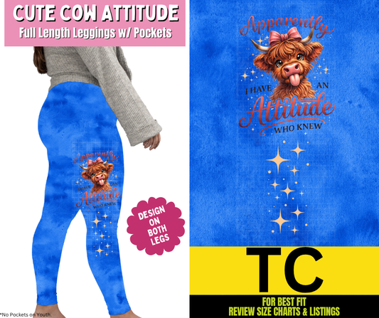 Cute Cow Attitude Watercolor Full Length Leggings w/ Side Leg Designs - Alonna's Legging Land