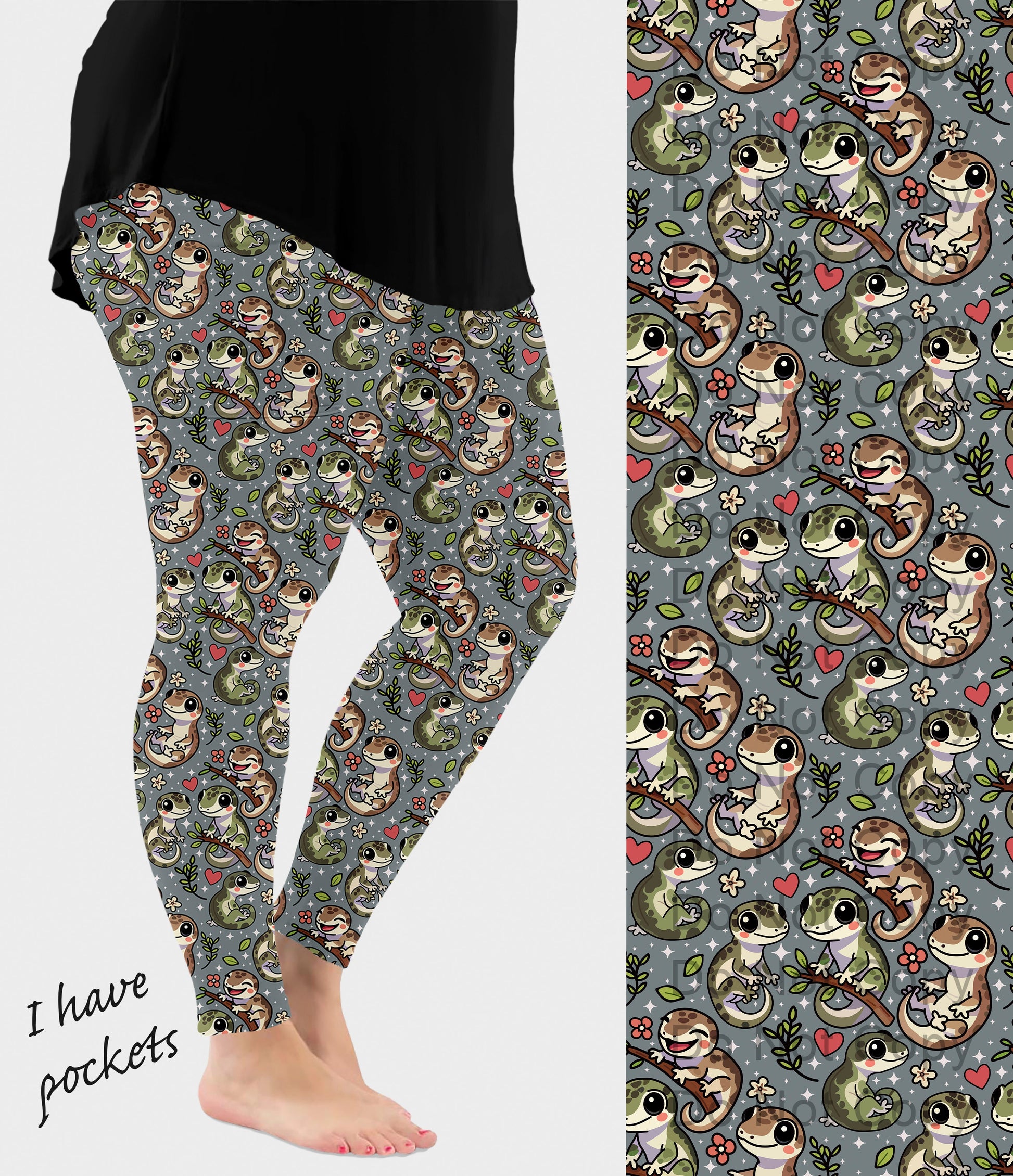 RTS - Cute Gecko Leggings w/ Pockets - Alonna's Legging Land