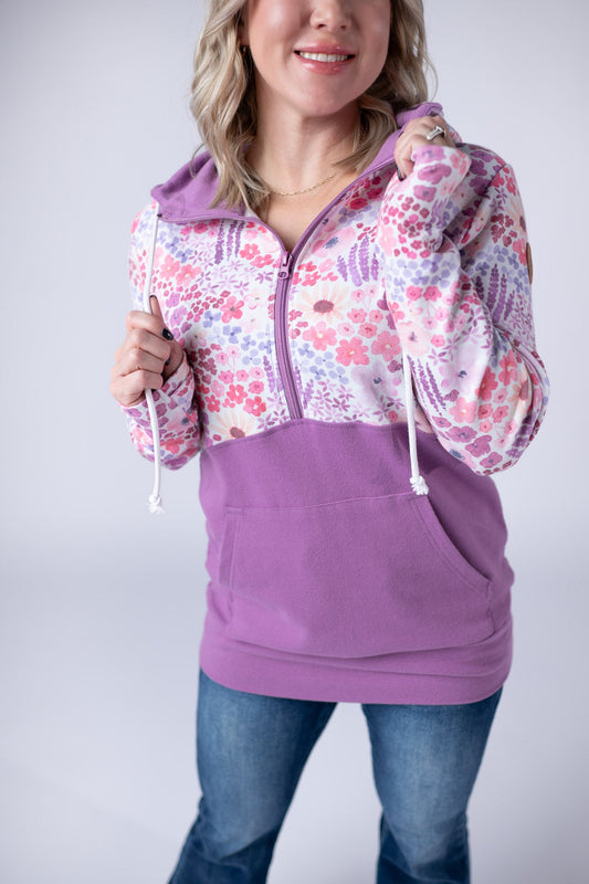 IN STOCK Halfzip Hoodie - Coral Sunset Floral and Mauve - Alonna's Legging Land