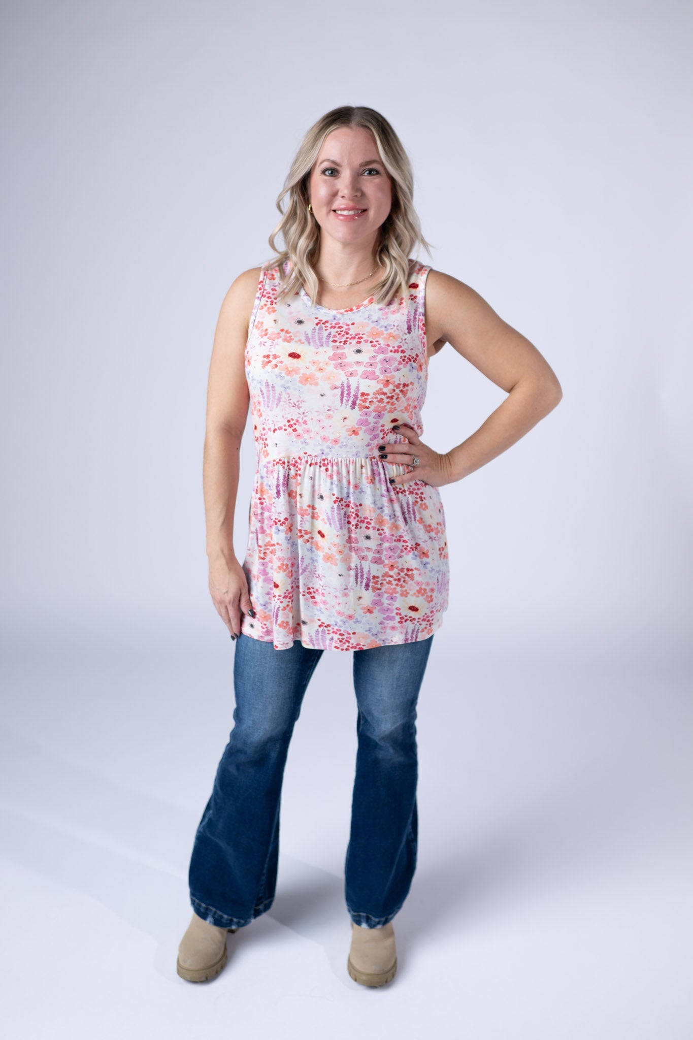 IN STOCK Renee Ruffle Tank Top - Coral Sunset Floral - Alonna's Legging Land
