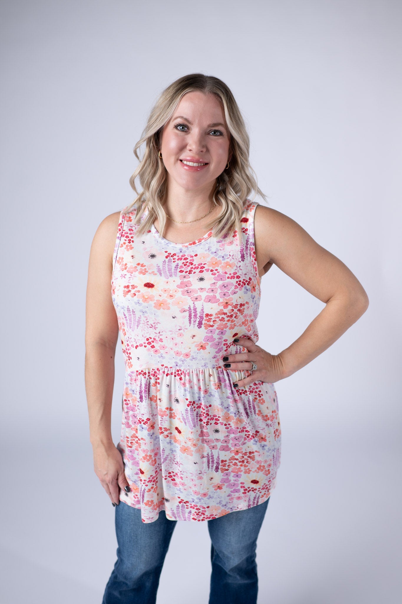 IN STOCK Renee Ruffle Tank Top - Coral Sunset Floral - Alonna's Legging Land
