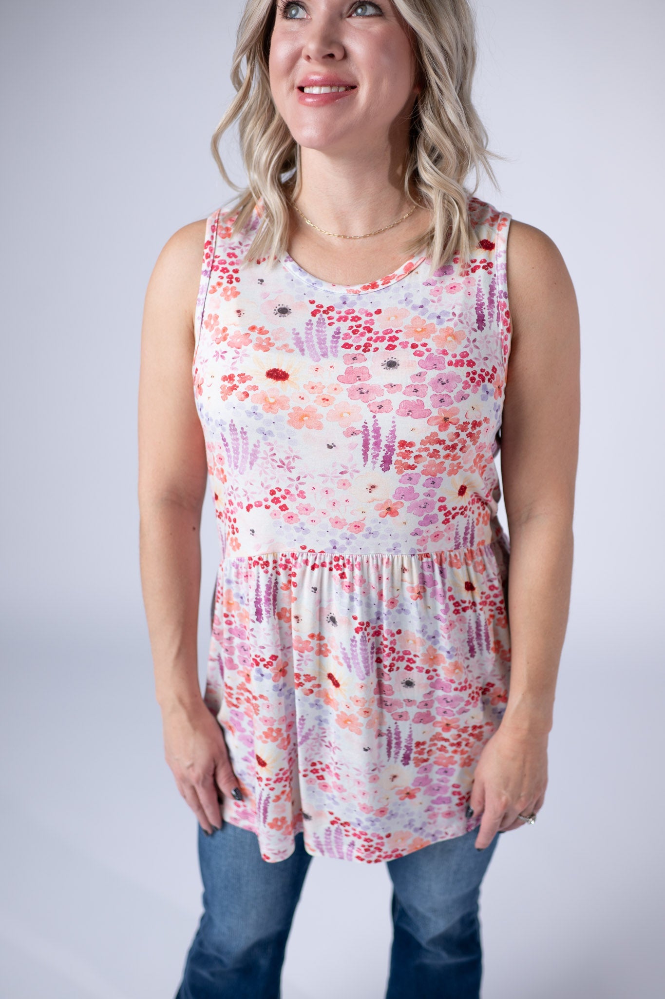 IN STOCK Renee Ruffle Tank Top - Coral Sunset Floral - Alonna's Legging Land