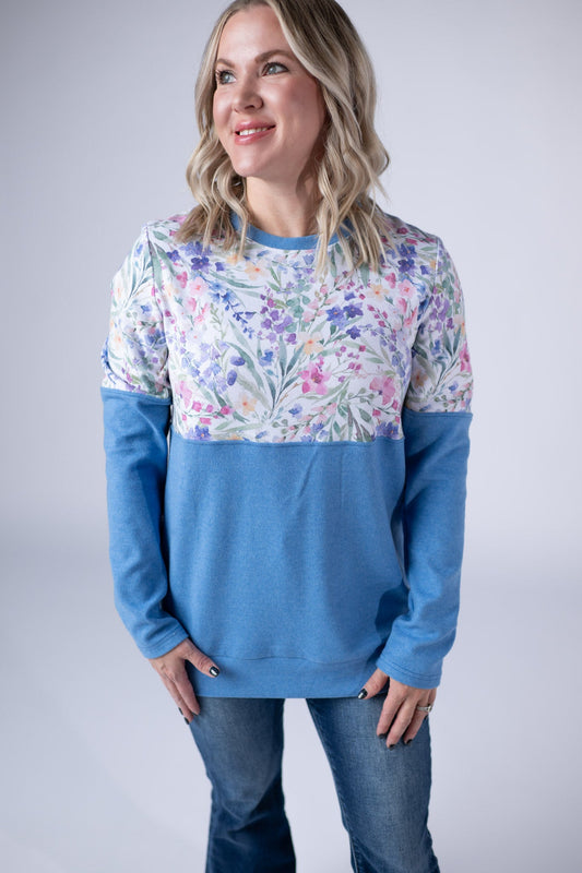 IN STOCK Natalie Pullover - Cottage Floral and Light Blue - Alonna's Legging Land