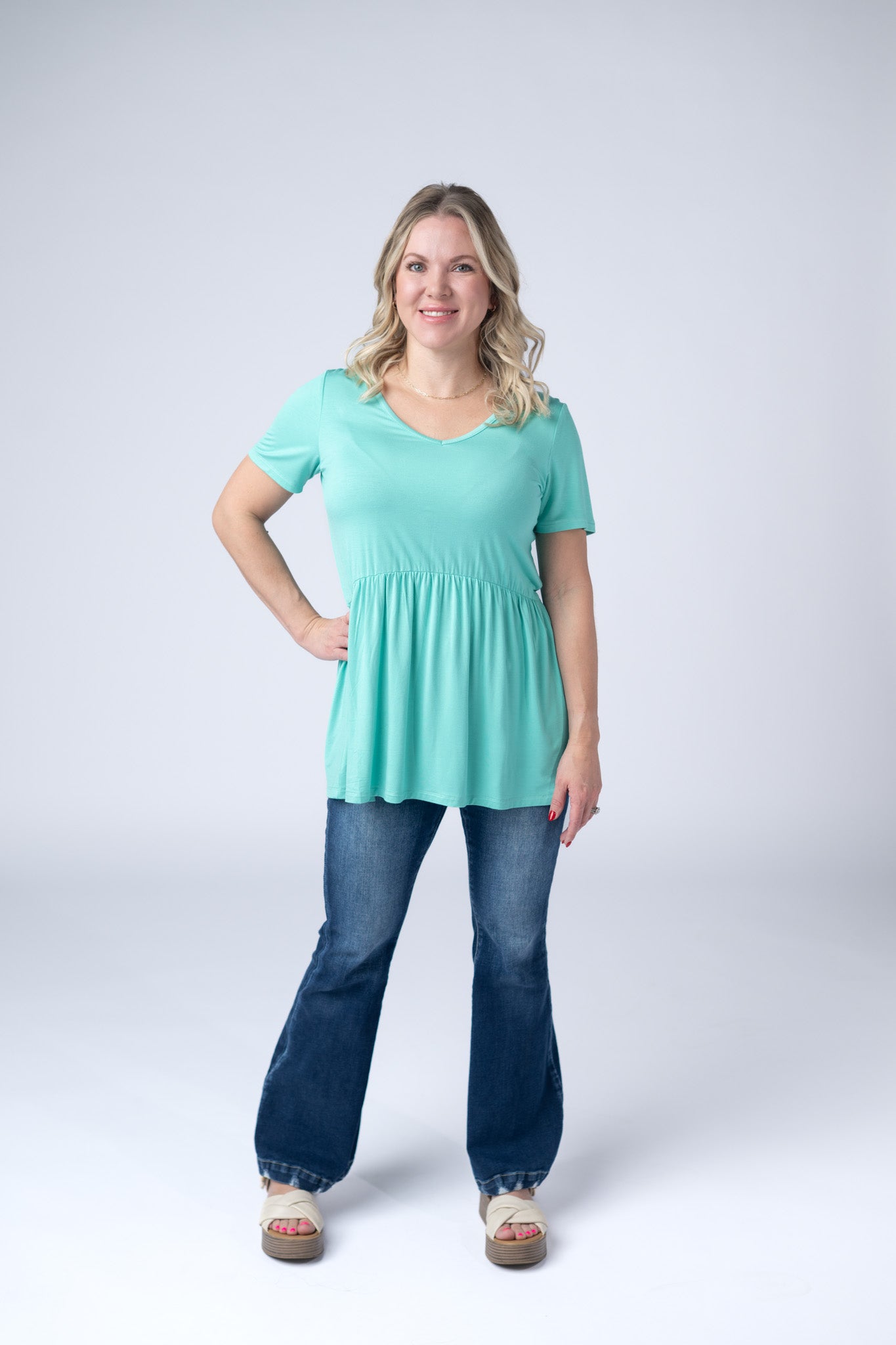 IN STOCK Sarah Ruffle Short Sleeve - Turquoise - Alonna's Legging Land
