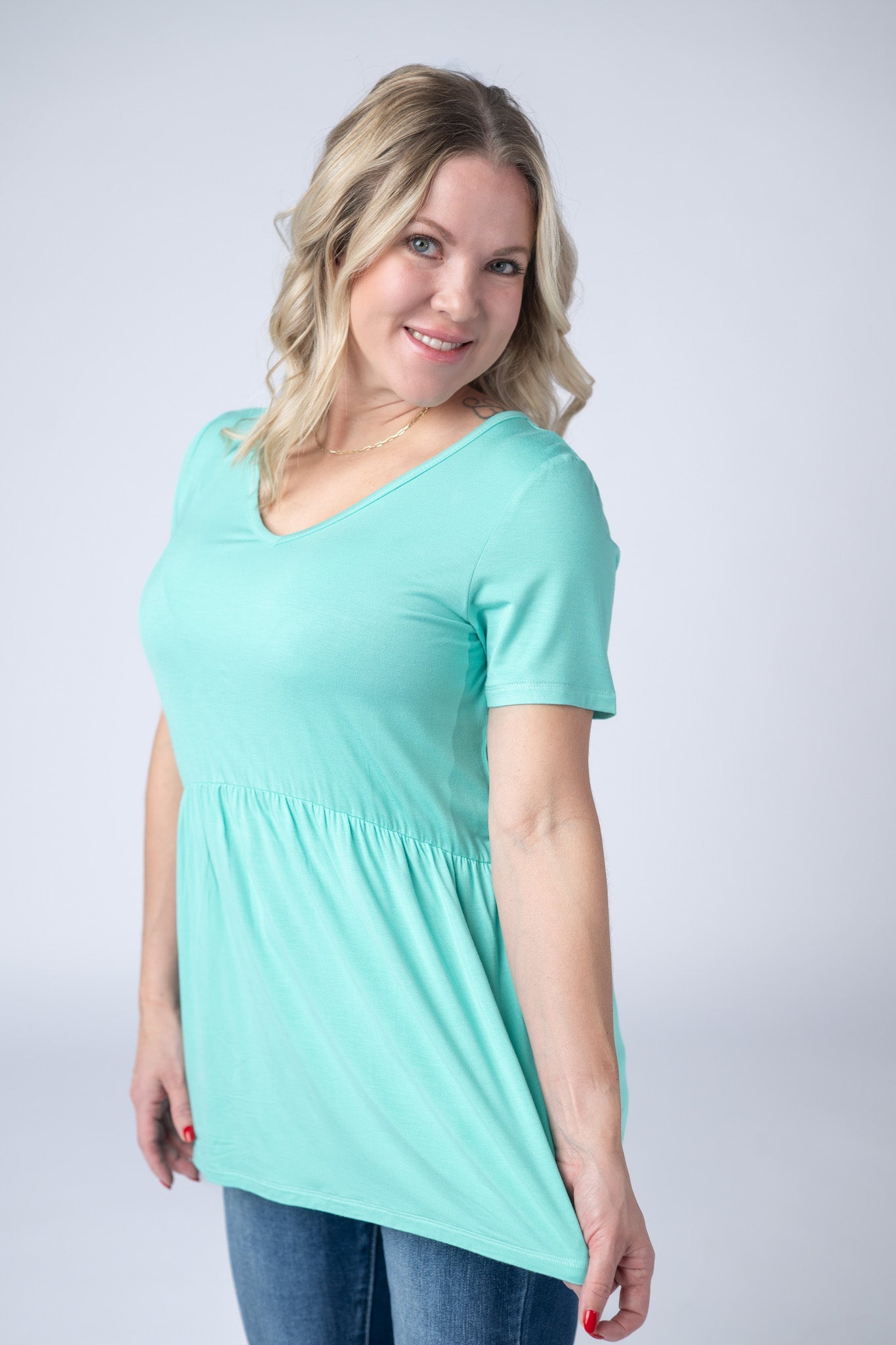 IN STOCK Sarah Ruffle Short Sleeve - Turquoise - Alonna's Legging Land