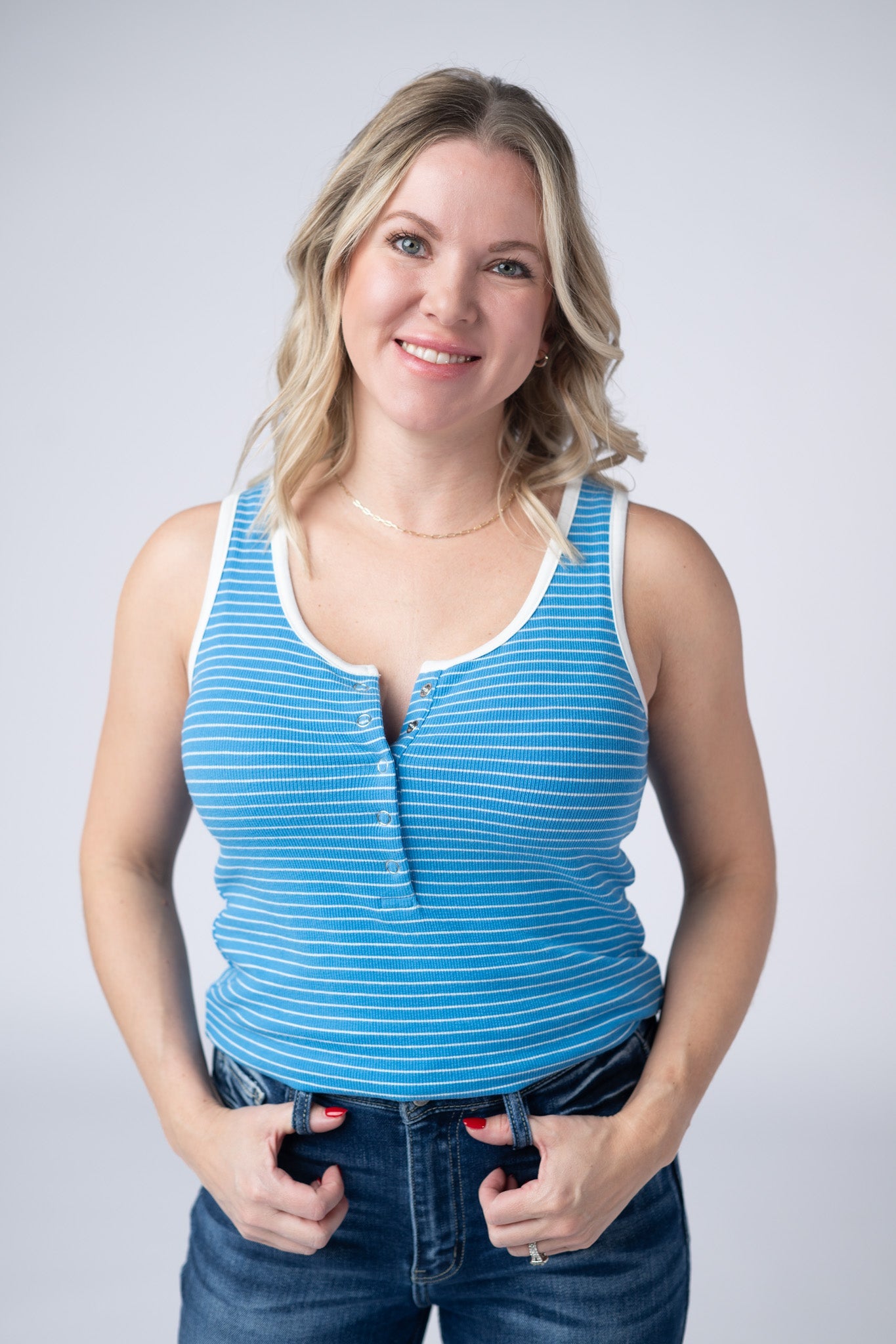 IN STOCK Shiloh Button Snap Tank - Ocean Blue - Alonna's Legging Land