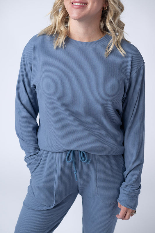 IN STOCK Corrine Ribbed Pullover Top - Denim - Alonna's Legging Land