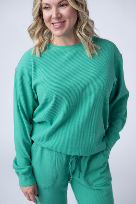 IN STOCK Corrine Ribbed Pullover Top - Emerald - Alonna's Legging Land