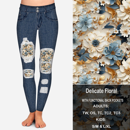 Delicate Floral Faux Denim Peekaboo Leggings with Pockets