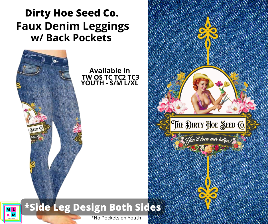 Dirty Hoe Seed Co Full Length Faux Denim w/ Side Leg Designs - Alonna's Legging Land