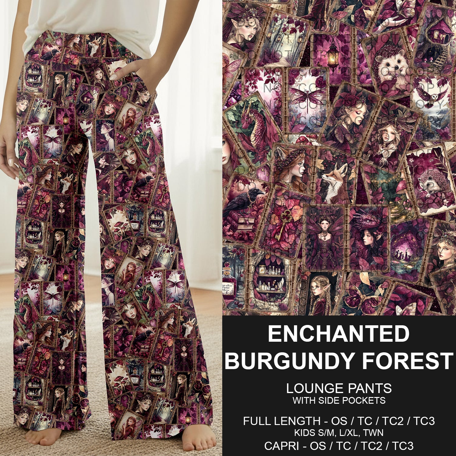 B276 - Preorder Enchanted Burgundy Forest Lounge Pants (Closes 3/01. ETA: early May) - Alonna's Legging Land