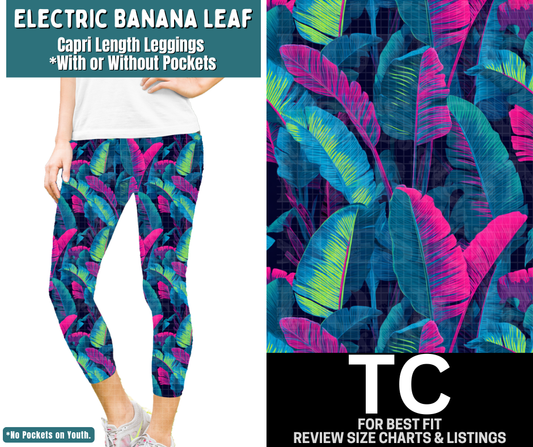 Electric Banana Leaf Capri Length Leggings w/ Pockets