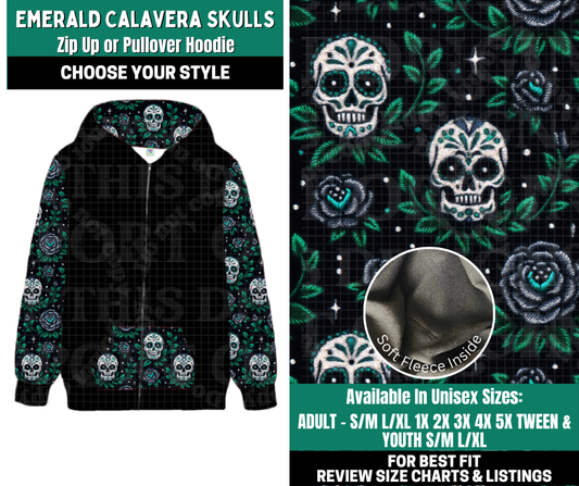 Preorder! Closes 10/27. ETA Jan. Emerald Calavera Skulls Zip-Up or Pullover Hoodie