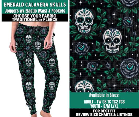 Preorder! Closes 10/27. ETA Jan. Emerald Calavera Skulls Joggers Choose Fleece or Traditional
