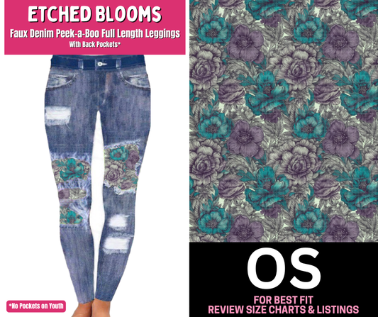 Etched Blooms Faux Denim Full Length Peekaboo Leggings