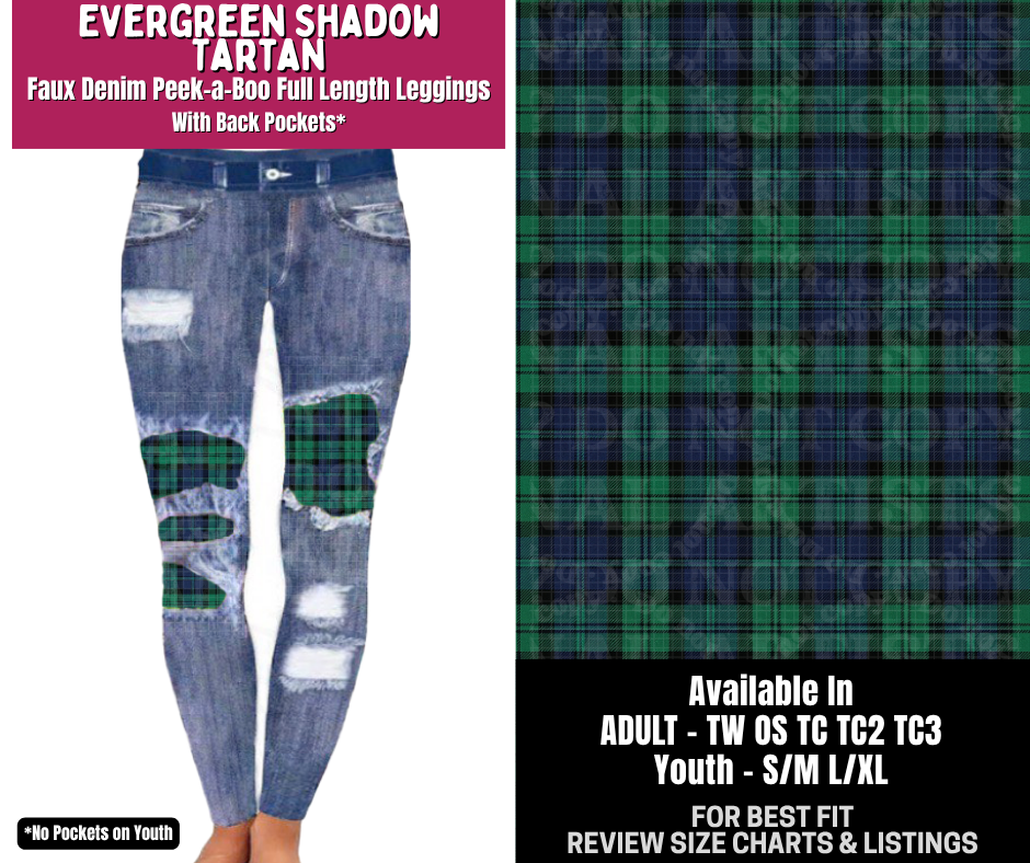 Preorder! Closes 8/6. ETA Nov. Evergreen Shadow Tartan Full Length Faux Denim Peekaboo