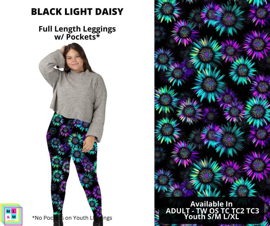Black Light Daisy Full Length Leggings w/ Pockets