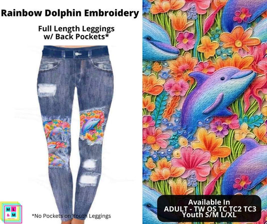 Rainbow Dolphin Embroidery Faux Denim Full Length Peekaboo Leggings
