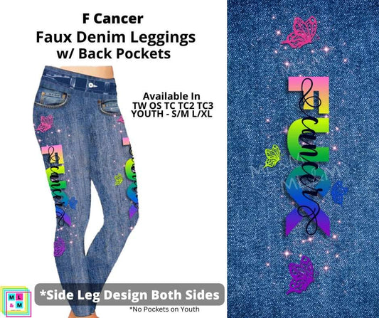 F Cancer Full Length Faux Denim w/ Side Leg Designs