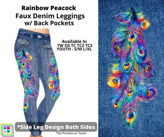 Rainbow Peacock Full Length Faux Denim w/ Side Leg Designs