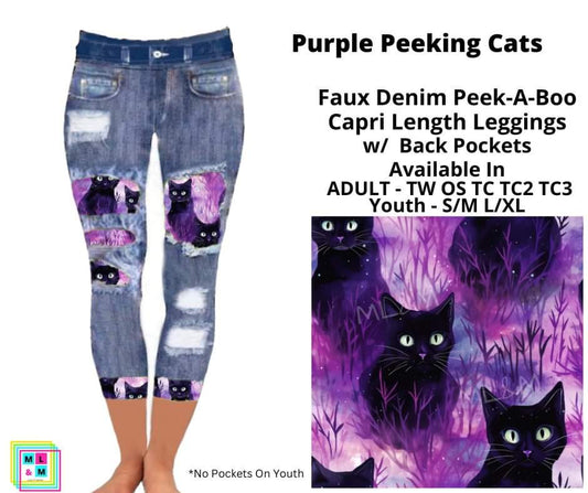 Preorder! Closes 5/13. ETA July. Purple Peeking Cats Faux Denim Peekaboo Capris
