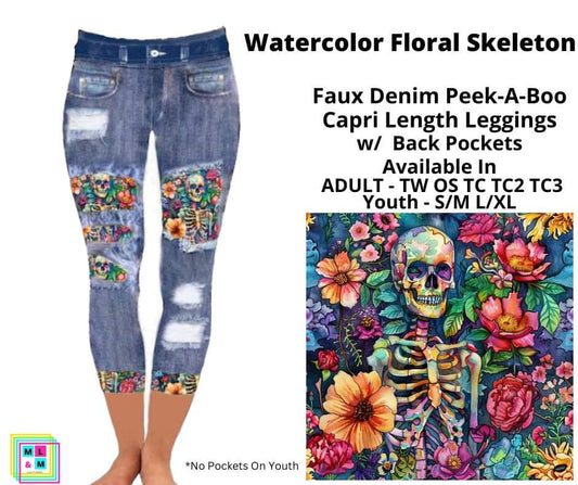 Preorder! Closes 5/13. ETA July. Watercolor Floral Skeleton Faux Denim Peekaboo Capris