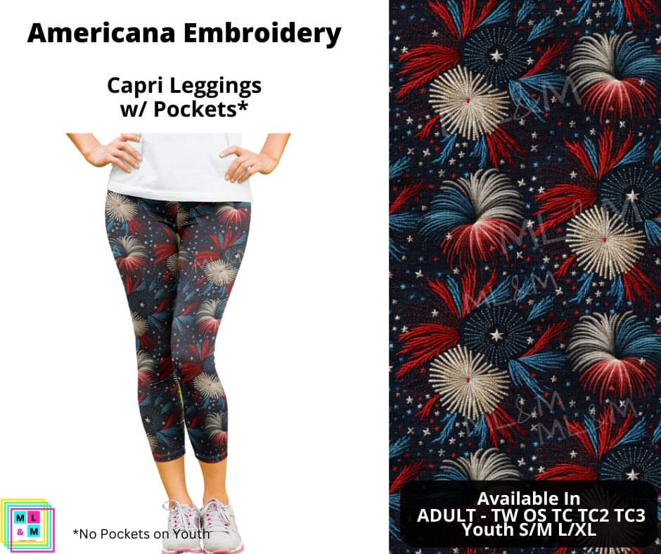 Americana Embroidery Capri Length w/ Pockets - Alonna's Legging Land