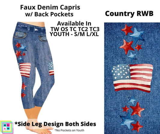 Country RWB Faux Denim w/ Side Leg Designs Capris