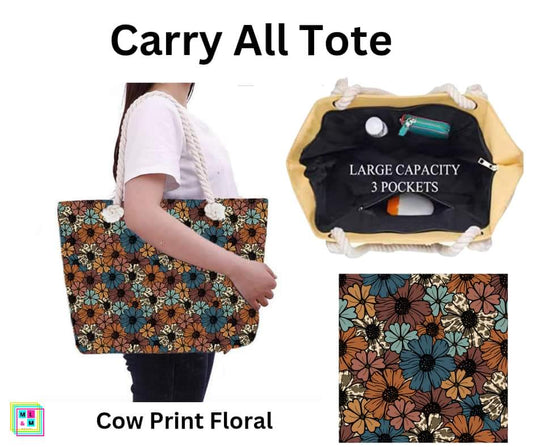Cow Print Floral Carry All Tote w/ Zipper