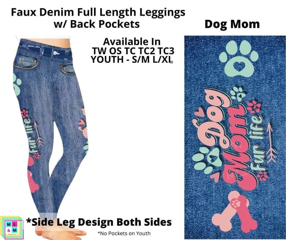 Dog Mom Faux Denim w/ Side Leg Designs Full Length - Alonna's Legging Land