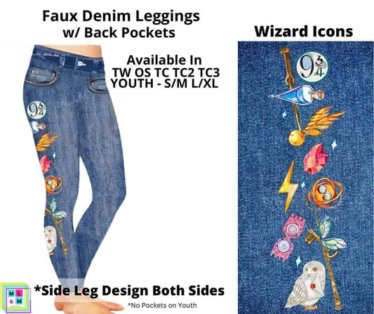 Wizard Icons Faux Denim w/ Side Leg Designs Full Length