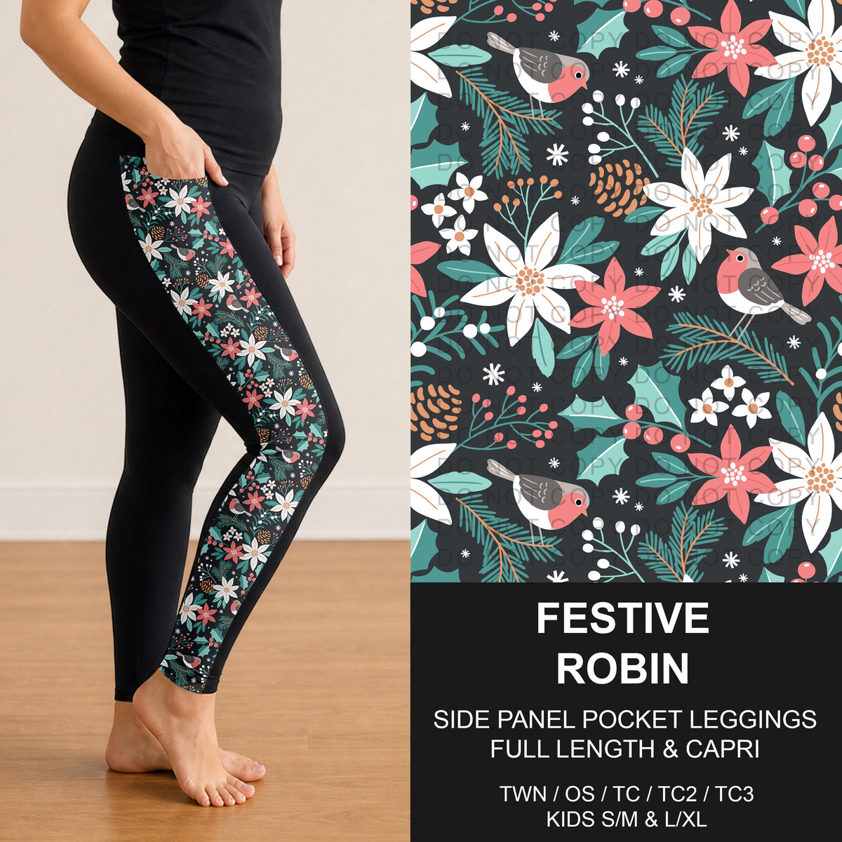 B313 - Preorder Festive Robin Side Panel Pocket Leggings (Closes 9/20. ETA: late Nov.)
