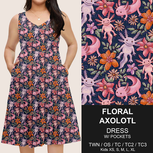 B275 - Preorder Floral Axolotl Sleeveless Pocket Dress (Closes 2/25. ETA: early May) - Alonna's Legging Land